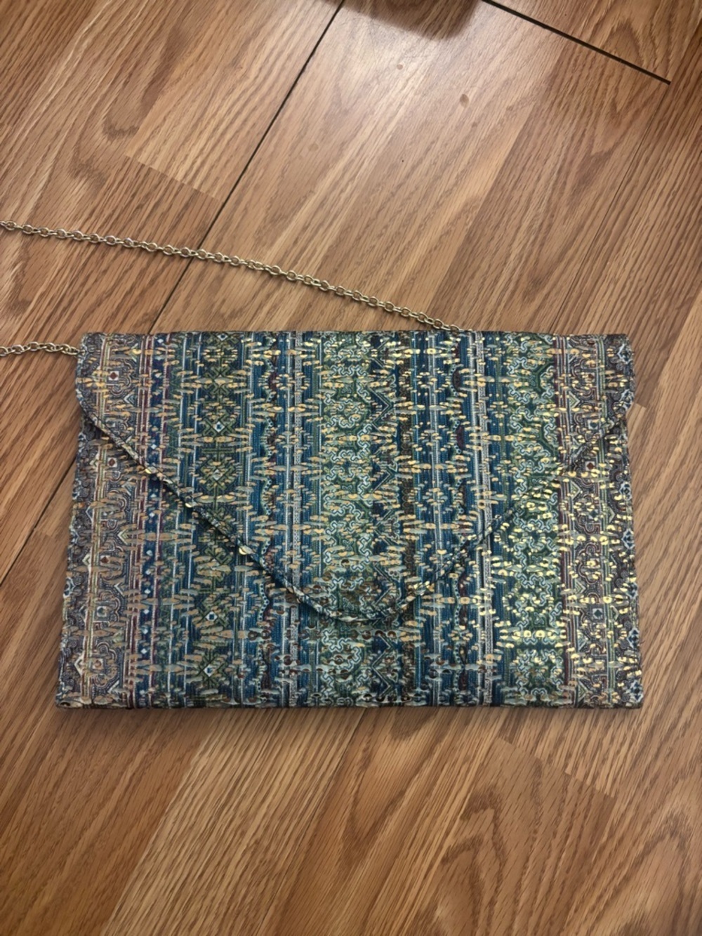 Metallic Blue Patterned Envelope Clutch with Gold Chain - Picture 2 of 7